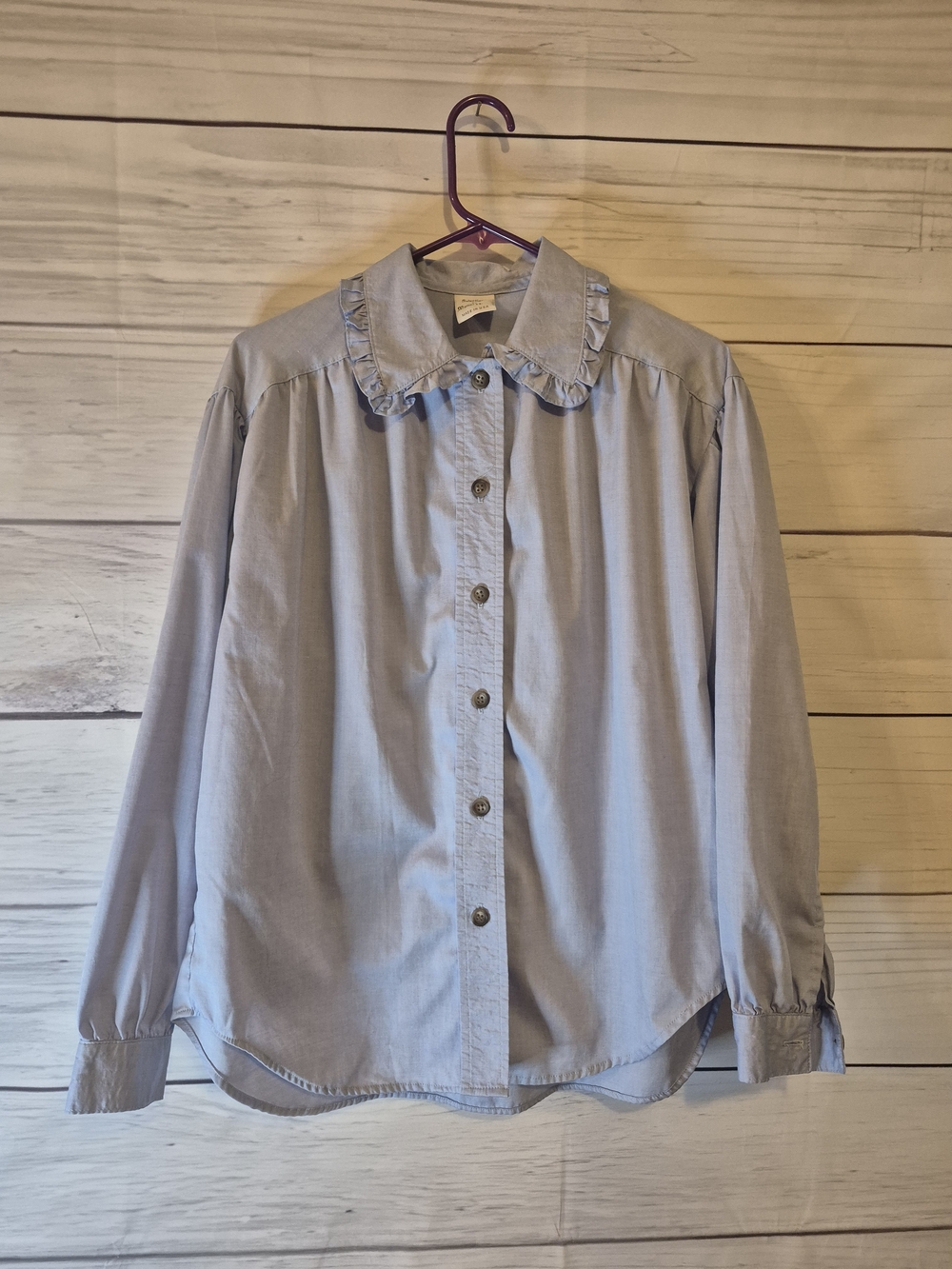 Vintage Light Blue Ruffle Collar Button-Down Shirt Cottagecore Retro